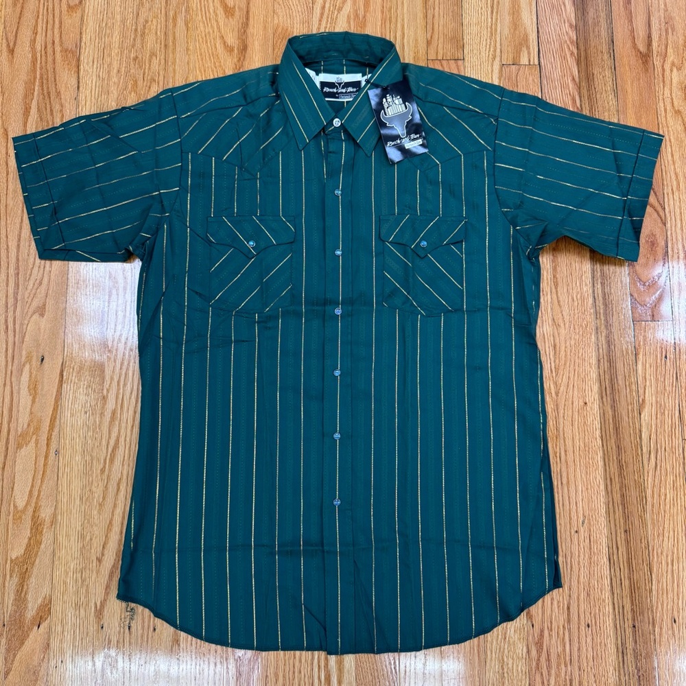 Panhandle Slim Ranch & Town Dark Green-Gold Striped Snap Front Western Shirt NWT